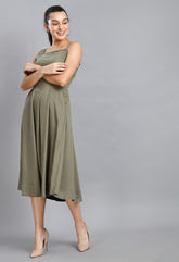 MEHENDI GREEN WOOD BUTTON LINEN DRESS